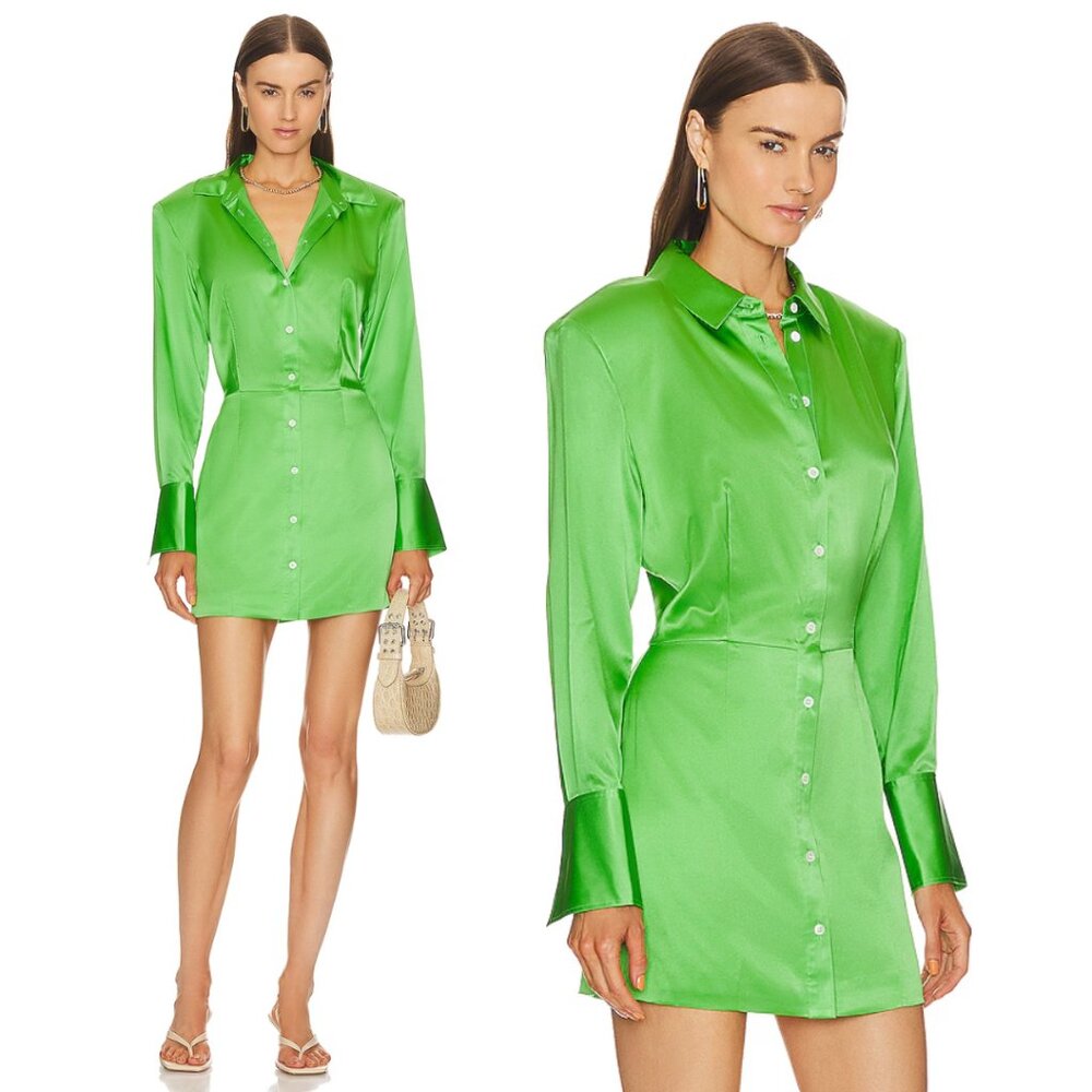NWT Frame Silk Mini Dress in Bright Peridot Sz Medium Strong Padded Shoulder